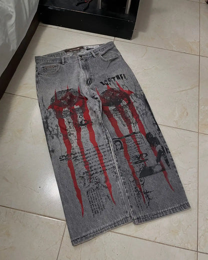 New Cyberpunk Jeans Mens American Y2K Red Graphic Street Goth Baggy Wide-Leg Pants Harajuku Hip-Hop Straight Pants
