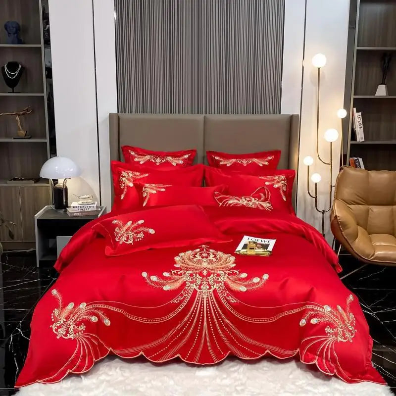 4/6Pcs White Gray Sateen Gold Embroidery Luxury Satin Cotton Bedding set Double Queen King Comforter Cover Bed Sheet Pillowcases