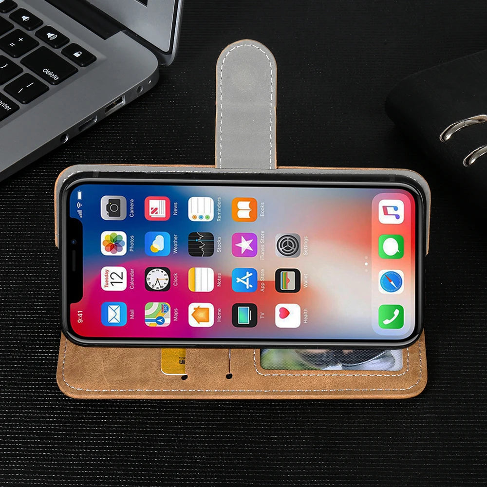 Leather Wallet Cwowdefu S18 Case 6.58" Fashion Luxury Protective Customize Cover Phone Card Wallet Card Slots Book Style