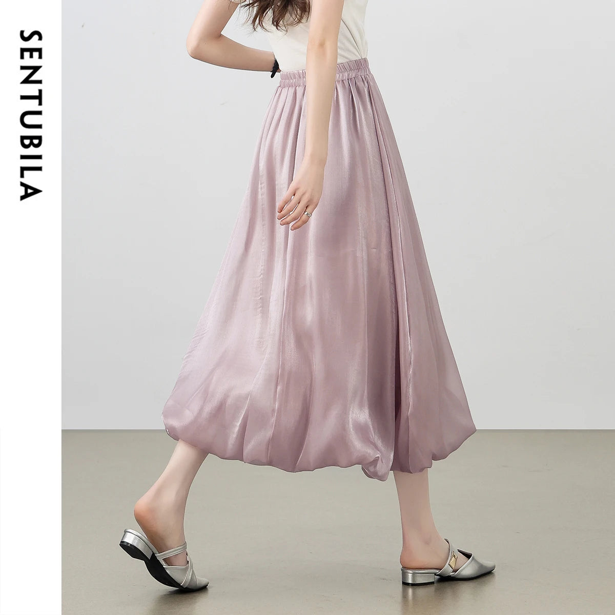 SENTUBILA Women's Pearlescent Skirts 2025 Party Evening Elegant Folds Elastic Waist A-line Tulip Skirt Female Clothing W52QG0018