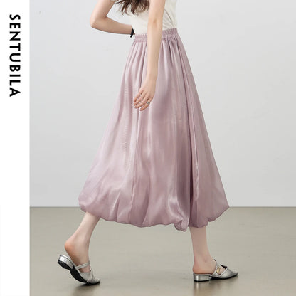 SENTUBILA Women's Pearlescent Skirts 2025 Party Evening Elegant Folds Elastic Waist A-line Tulip Skirt Female Clothing W52QG0018