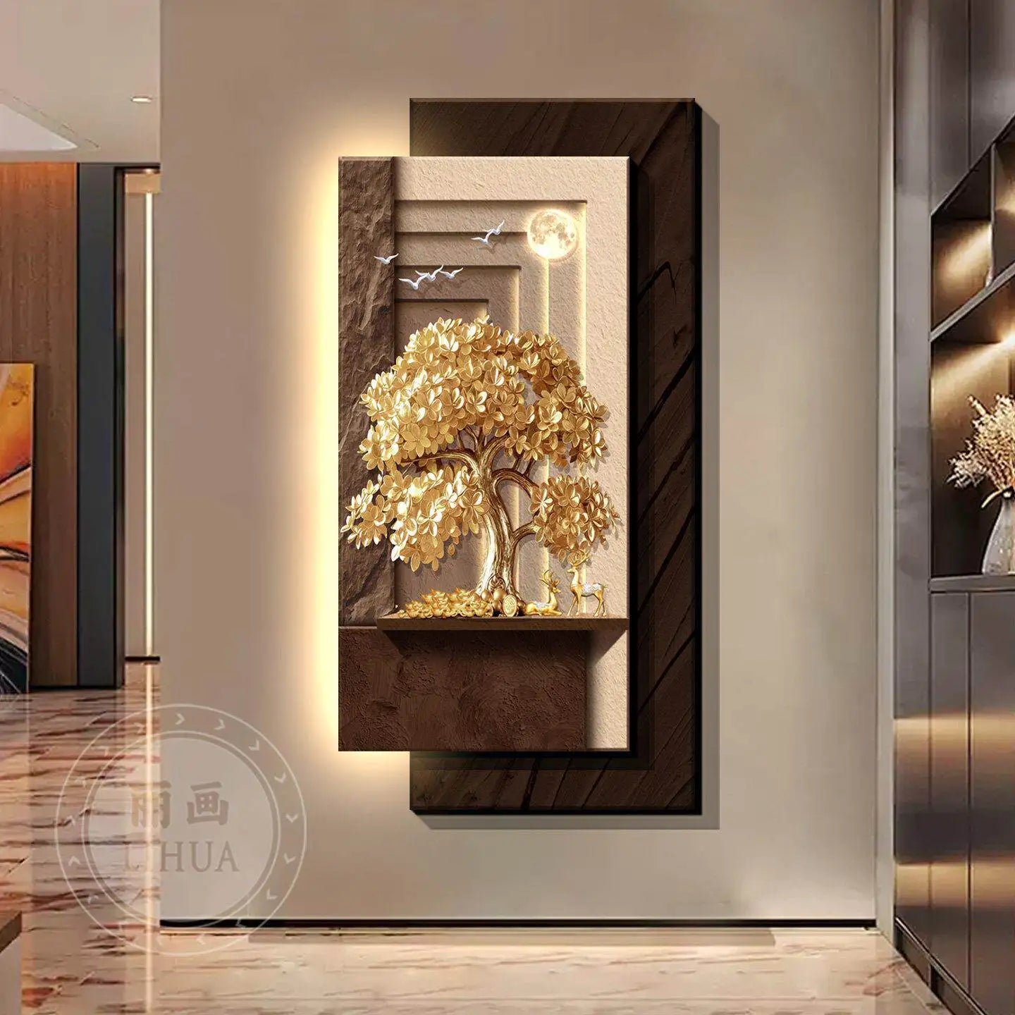 Decorative paintings at the entrance, money-bringing trees, and corridor hanging paintings, accompanied by illuminated murals