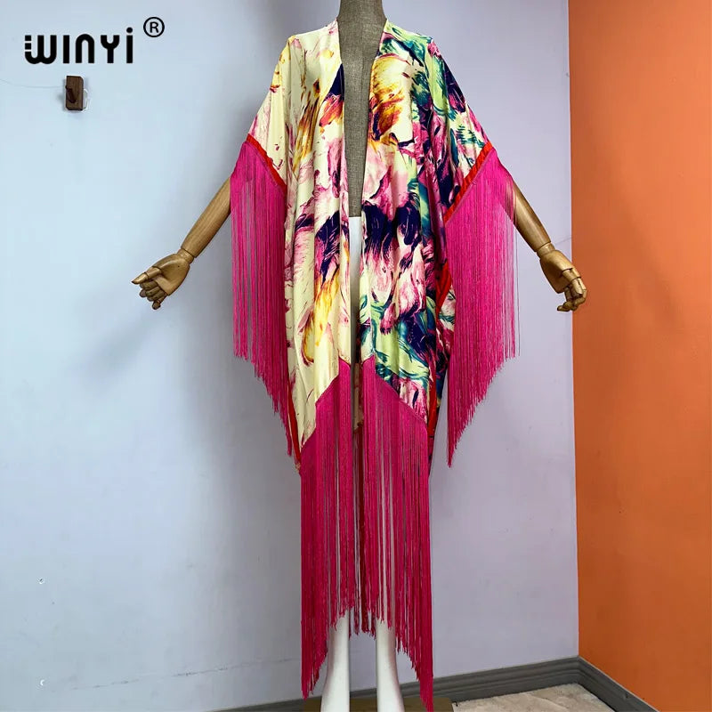 WINYI kimono cover-ups summer boho print Bikini Cover-up Elegant fashion Cardigan sexy Holiday long Sleeve tassels maxi dress