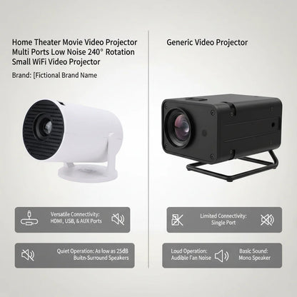 Portable Projector Home Theater Movie Video Projector Multi Ports Low Noise 240° Rotation Small WiFi Video Projector