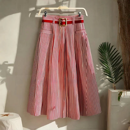 Red Striped Skirt Women Spring Summer High Waist A-Line Skirt Ladies Casual Mid-length Skirt With Belt