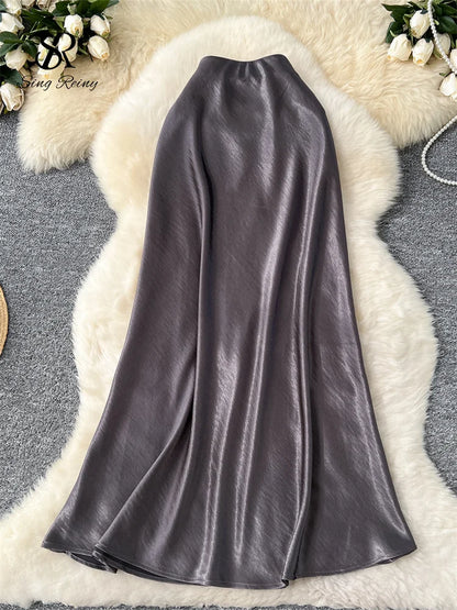 SINGREINY Senior Solid Satin Skirt Elastic Waist 2025 Newest Frence Elegant Women Fashion Basics Office Lady Skinny Midi Skirt