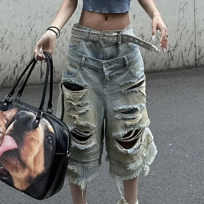 Y2K Fashion New Holes Do Old Washed Baggy Denim Shorts Female Gothic Harajuku Popular Casual Joker High Waist Wide Leg Pants