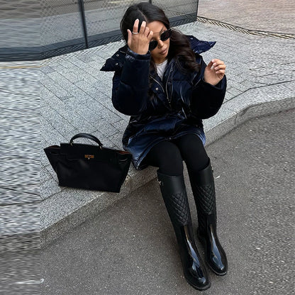 Shiny Reflective Cinched Waist Outwear Winter Luxury Elegant Lapel Cotton Coat Female Length Loose Trendy Thick Warm Down Jacket