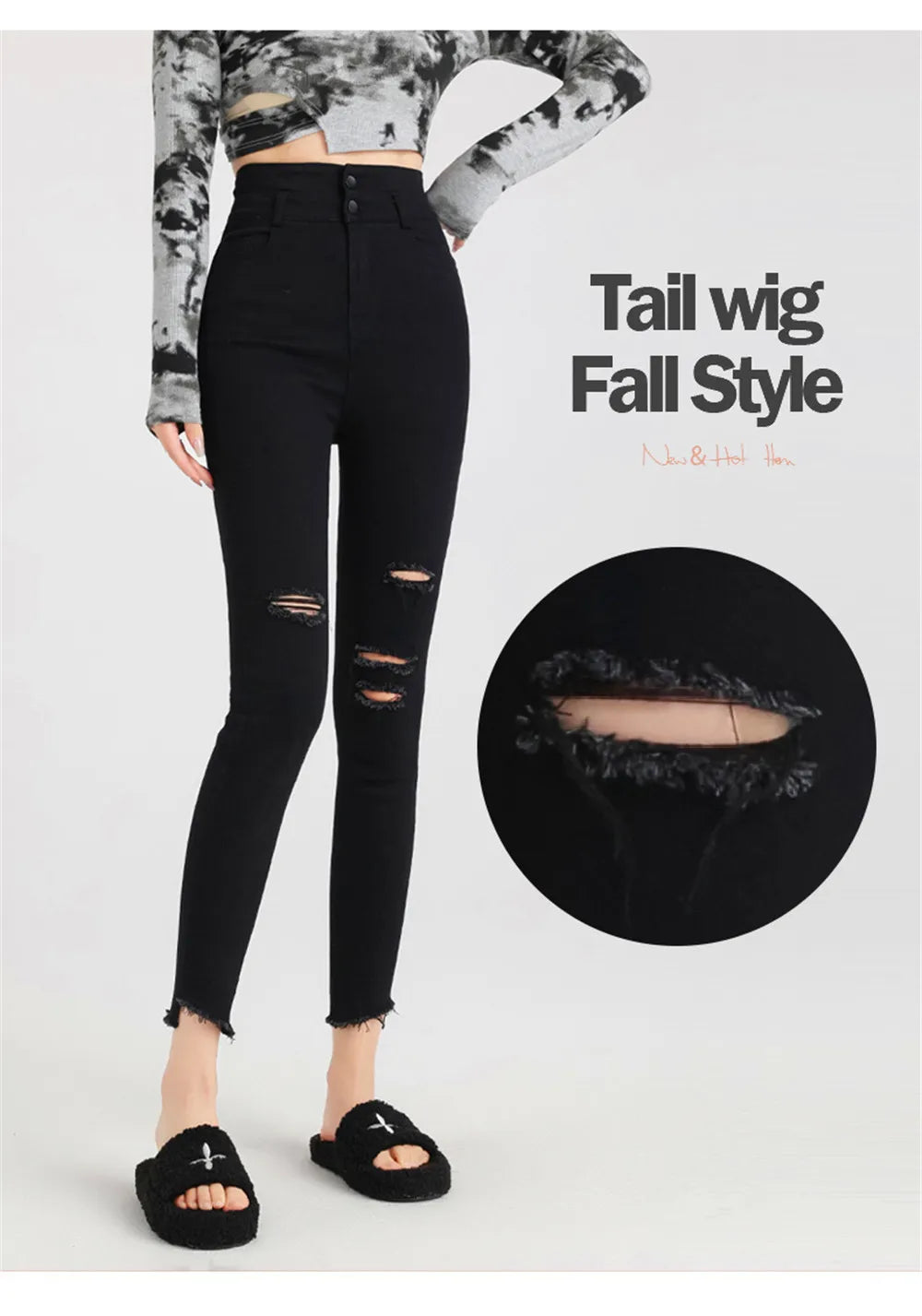 Women Button Fly Jeans Black High Waisted Ripped Jean Stretchy Thicken Denim Dress Pants Distressed Jeans Casual Style ouc046