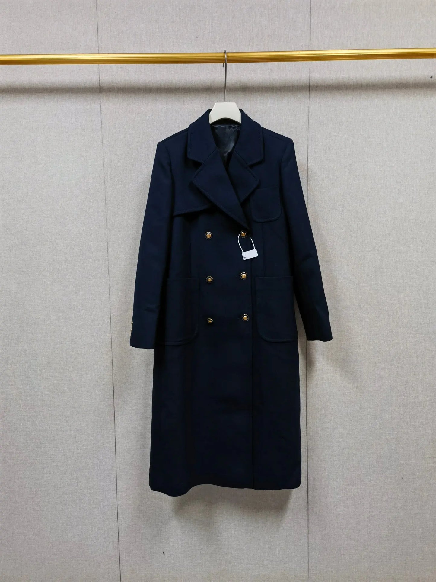 Women Dark Blue Double Breasted Long Straight Jacket Turn-Down Collar Long Sleeve Ladies Temperament Coat 2025 Winter New