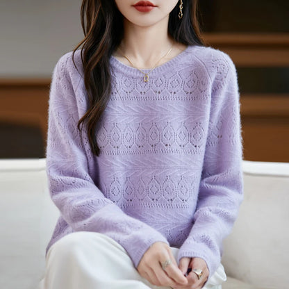 New Arrival Women's Hollow Out 100% Wool Knitted Sweater Round Neck Long Sleeve Slim Fit Breathable Pullover Versatile Daily Top