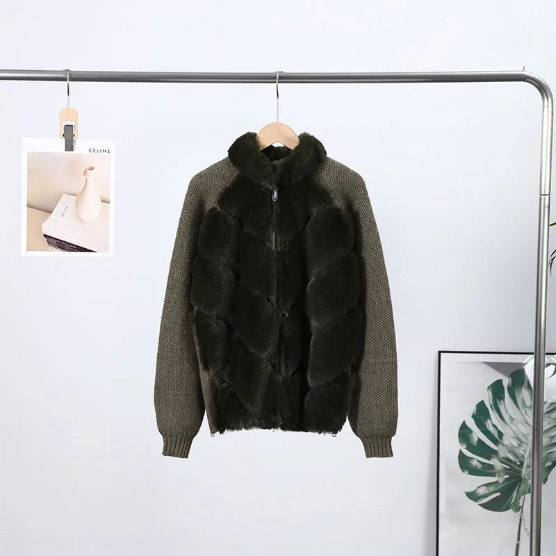 Vintage Faux Fur Patchwork Jacket For Women Fashion Knitted Long Sleeves Zipper Stand Coat 2025 Autumn Winter Female Streetwear
