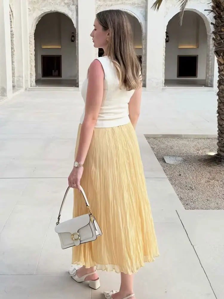 HH Women Elegant Yellow Pleated Long Skirts Elastic Waist Loose Casual High Waist Skirt Female A-Line Solid Tulle Skirt