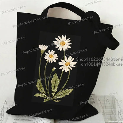 Fashion Canvas Tote Bag Oil Painting Wildflowers Print Lady Shoulder Shopping Bag Plant Style Daisy Vintage Flower Women Handbag