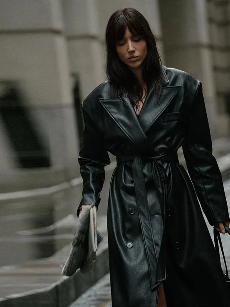 Vintage Pu Leather Extra Long Trench Coat Women Lapel Single-breasted Overcoat With Belt 2025 New Autumn Winter Lady  Outwear