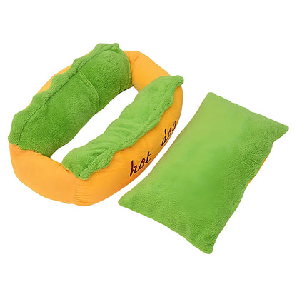 Winter Hot Dog Pet Bed - 3D Hot Dog Bun Style Cat and Dog House, with Removable Pillow and Orthopedic Memory Foam