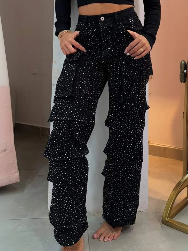 2025 New High Waist Black Rhinestone Multi-Pocket Work Jeans, Street Style, High Quality Fashionable Straight Jeans, a Must-Have.