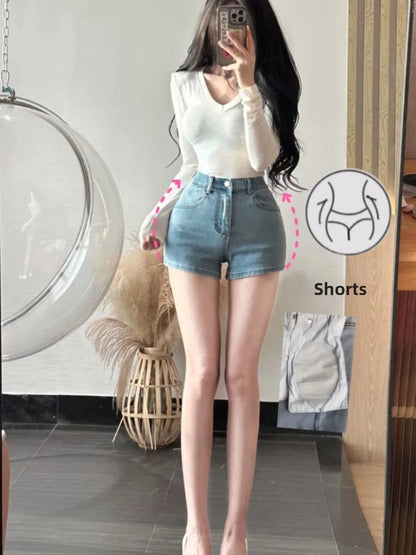 High Waist Denim orts Women's Sexy Slimming orts with Butt Pad American Hot Girl Light Blue Jeans orts Cotton Elastic F...
