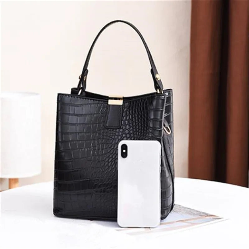 Vintage Stone Leather Handbag Shoulder Crossbody Bags Fashion Female Bucket Bag Large Capacity Women Tote Bag