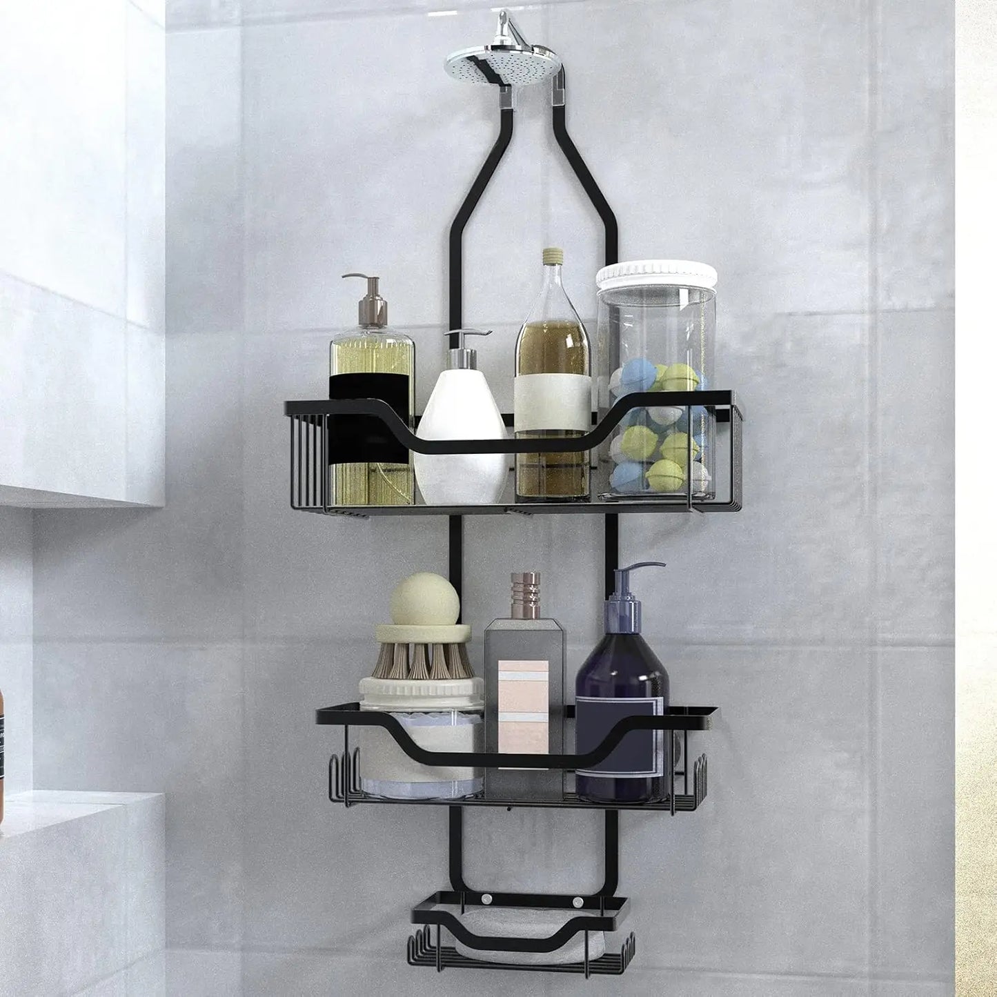 over the shower head caddy, Hanging Shower Organizer - 3-Tier Organizer W/ Soap Holder & Hooks for Towels, Sponge, Back To Schoo