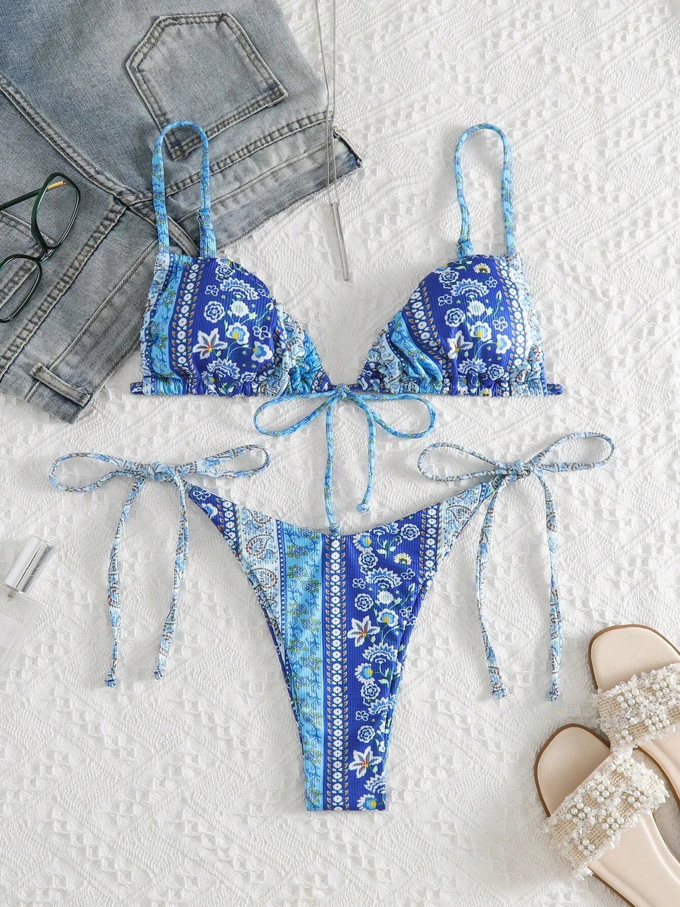 BIQIUYYI New Floral Print String Bandage Bikinis Triangle Cup Push Up Swimsuit Women Bathing Suit Beachwear Halter Swimwear XS