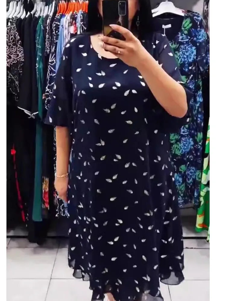 Fashion Print Midi Dress Summer Round Neck Short Sleeve Casual Loose Dress Elegant Women Splice Chiffon A Line Dresses Vestidos