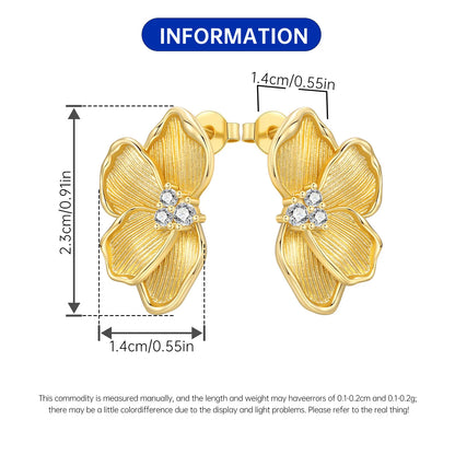 Original 925 Sterling Silver Fashion Zircon 18K Golden Petal Stud Earrings for Women Birthday Party Accessories Gifts Jewellery