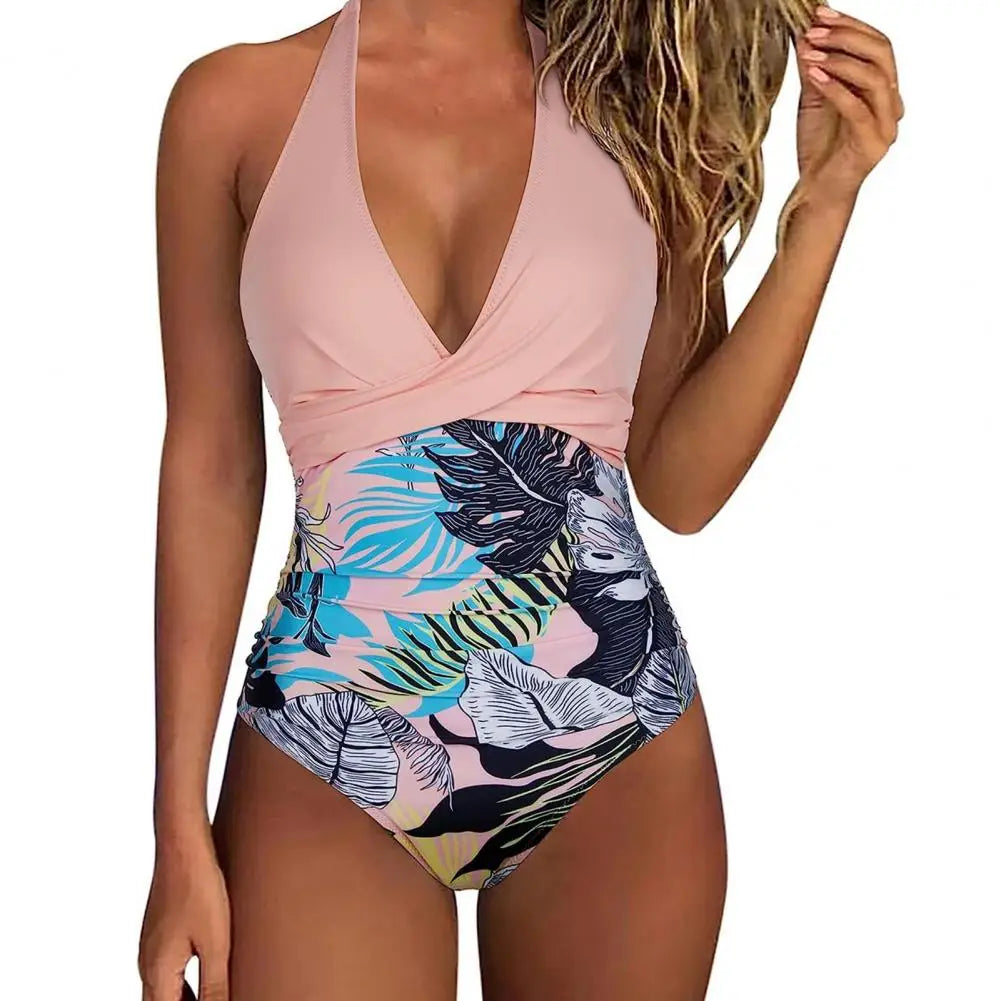 Women Monokini Sleeveless One-piece Swimsuit Patchwork Color Backless Tummy Control High Waisted Bathing Suit Lady Beachwear