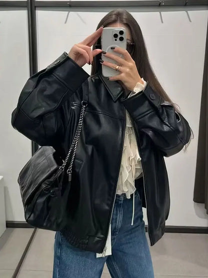 HH Female Streetwear Style Coats Solid Turn-Down Collar Long Sleeves Pockets Zipper Autumn Jackets Woman 2024 Trendy 2 Color