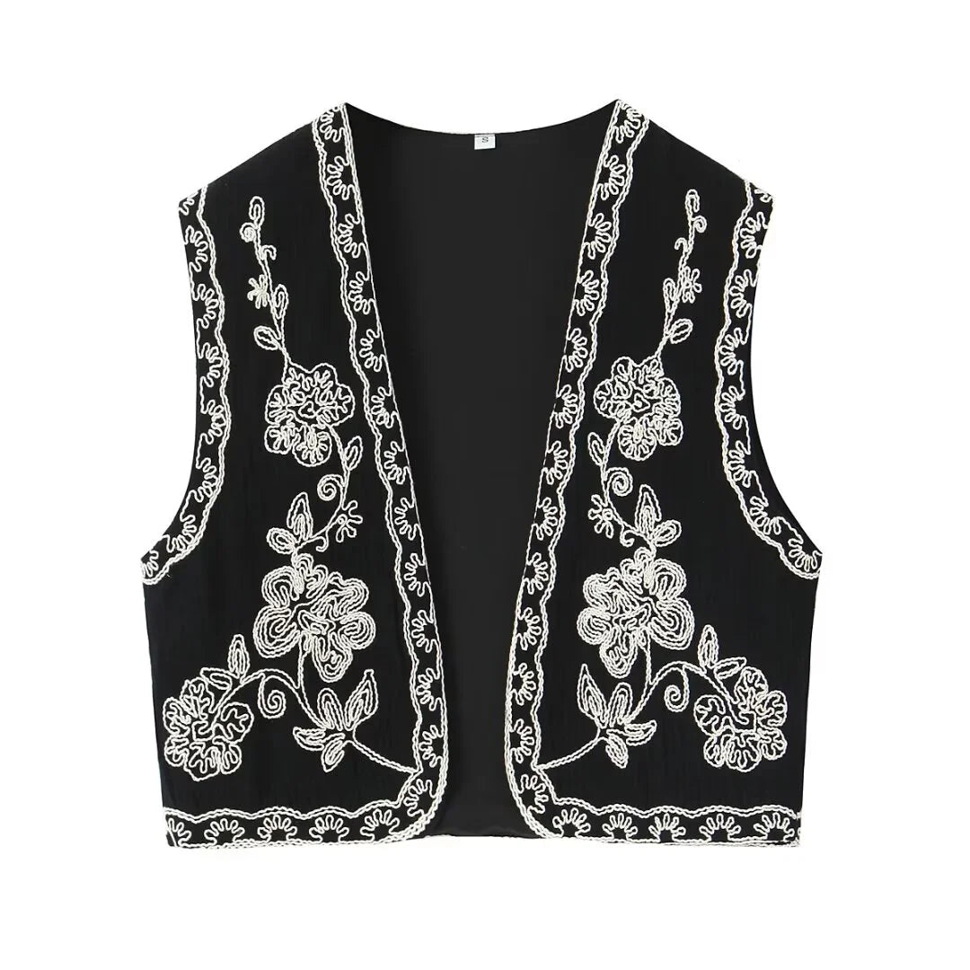 TELLHONEY Women Fashion V-Neck Embroidery Waistcoat Vest Tops Female Casual Vintage Sleeveless Outerwear Jacket