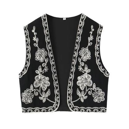 TELLHONEY Women Fashion V-Neck Embroidery Waistcoat Vest Tops Female Casual Vintage Sleeveless Outerwear Jacket