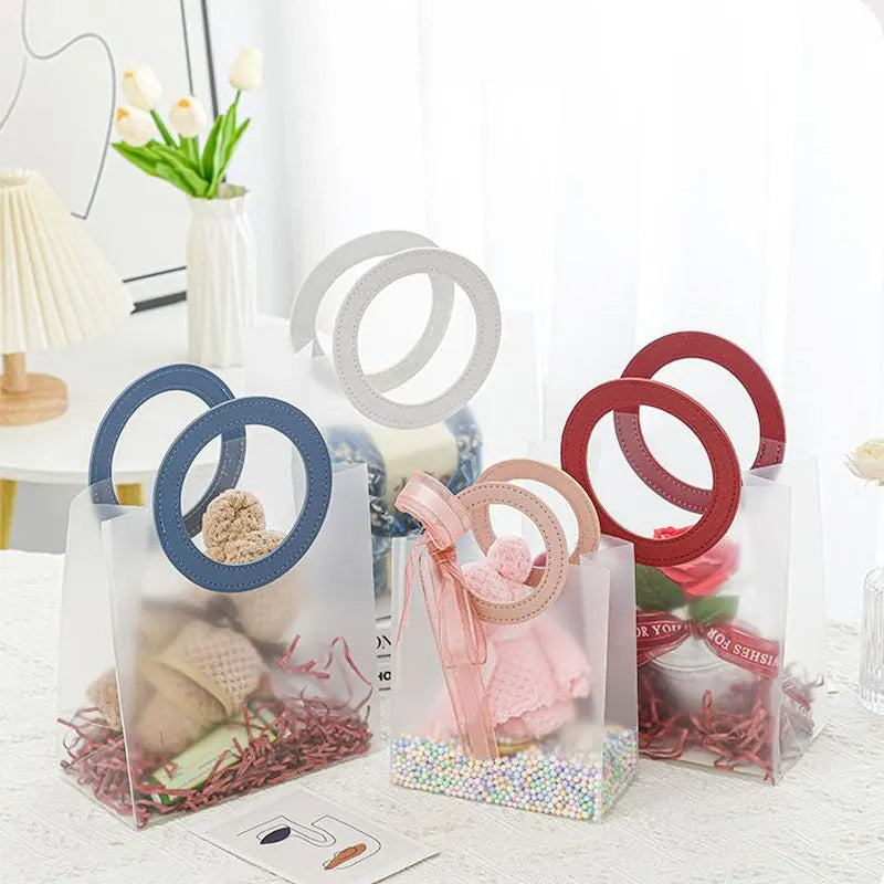 5/10PC Frosted Plastic Round Tote Bag Semi Transparent Gift Bag Gift Packaging and Storage Bag for Weddings Holidays and Parties