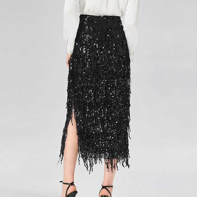 Stylish Glitter Sequined Sparkly Evening Skirts Elegant 2026 Spring High Waist Slim Split Tassel Skirt Summer Sexy Women's Skirt