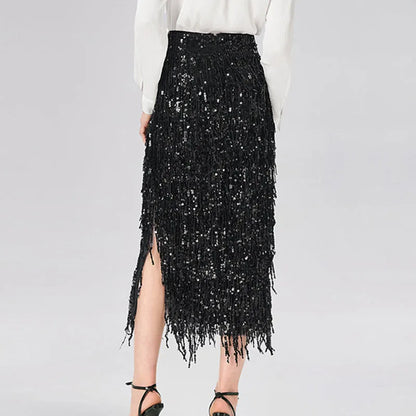 Stylish Glitter Sequined Sparkly Evening Skirts Elegant 2026 Spring High Waist Slim Split Tassel Skirt Summer Sexy Women's Skirt