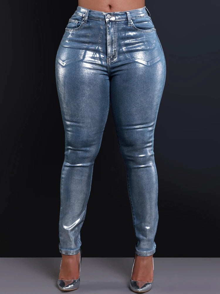 BKQU American Jeans Women Pencil Pants 2025 New Metallic Silver High Waist Streetwear Elastic Skinny Denim Trousers Female y2k