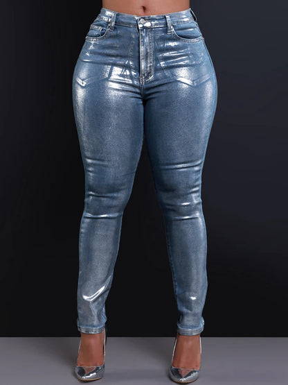 BKQU American Jeans Women Pencil Pants 2025 New Metallic Silver High Waist Streetwear Elastic Skinny Denim Trousers Female y2k