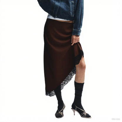Luxury Women Asymmetrical Soild Color Midi Skirts Casual Elegant Lace Hem Santin Skirt for Beach Vacation Office