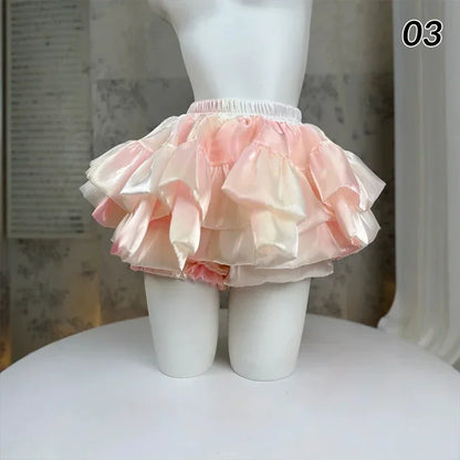 Sweet Elastic Waist Short Skirt Chic Ruffle Cake Princess Satin Puffy Skirt