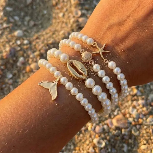 Cute Coral Starfish Shell Multi-Layer Bracelet for Women Ocean Series Fashion Stackable Beaded Jewelry Accessories