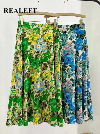 REALEFT High Waist Floral Printed Tulle Mi-long Women A-Line Skirts New 2024 Loose Female Umbrella Skirts Female Spring Summer