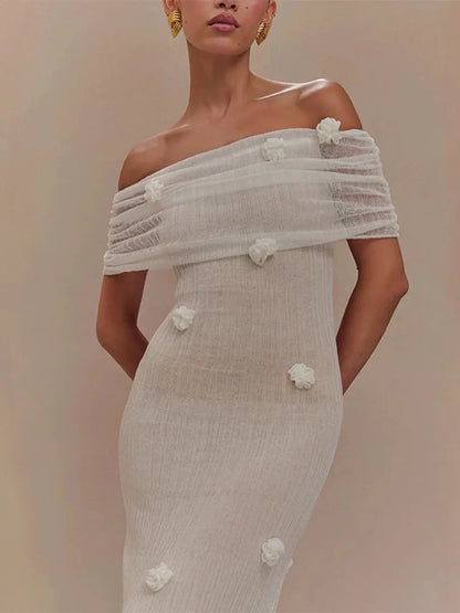 Chic 3D Flower Sleeveless Slim Maxi Dress Elegant Off Shoulder Knitted Long Dresses for Women 2025 Spring New Evening Party Robe