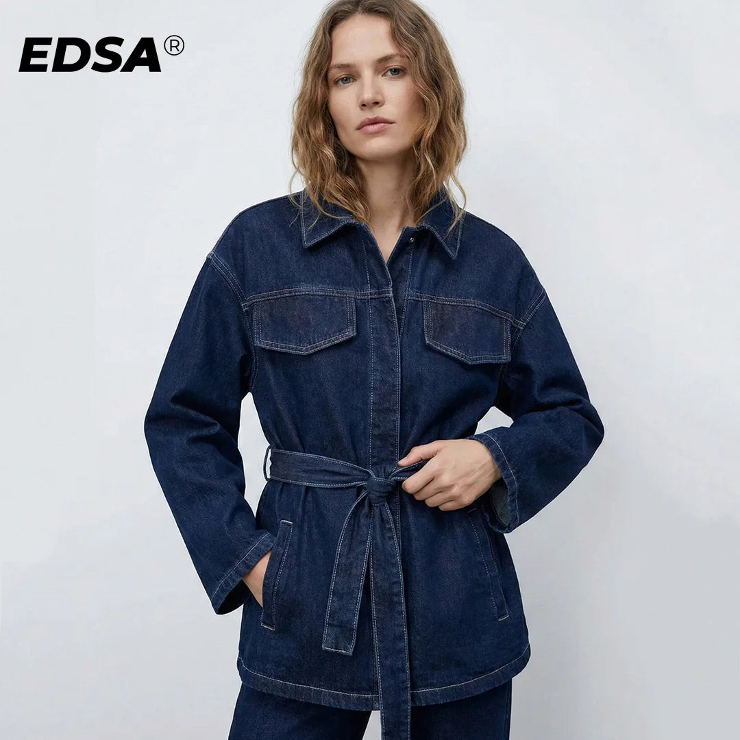 EDSA Women Vintage Denim Jacket Coat with Sashes Flap Pockets Long Sleeves Turn-down Collar for Female High Street Outerwear