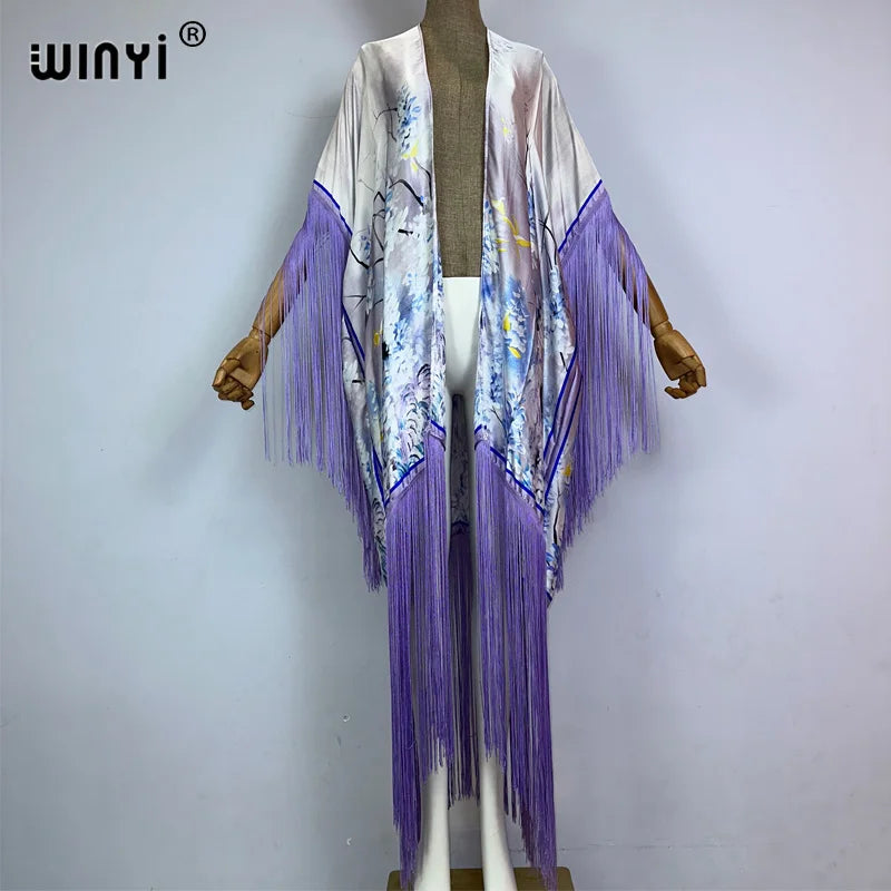 WINYI kimono cover-ups summer boho print Bikini Cover-up Elegant fashion Cardigan sexy Holiday long Sleeve tassels maxi dress