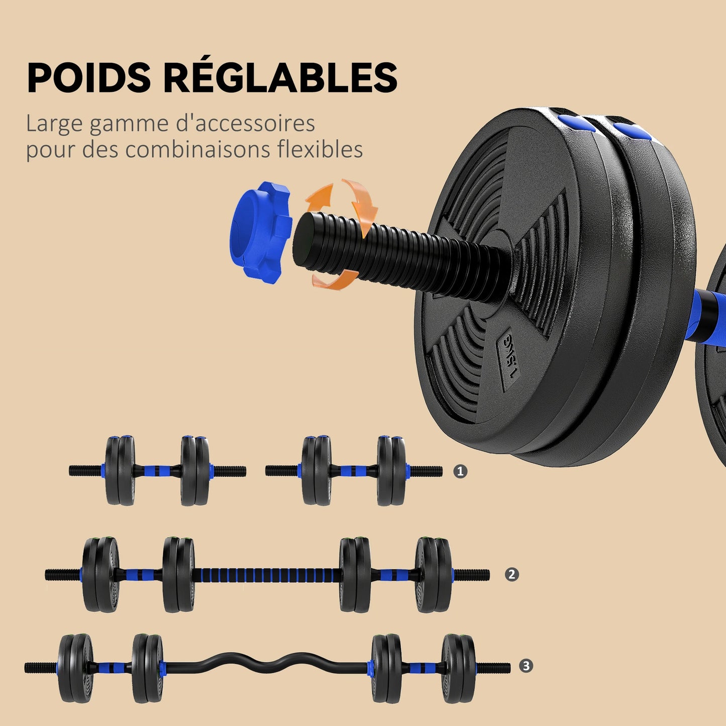 SPORTNOW dumbbells Kit bodybuilding adjustable dumbbells 15 kg 3 1, adjustable weight set with extension bar, handle year