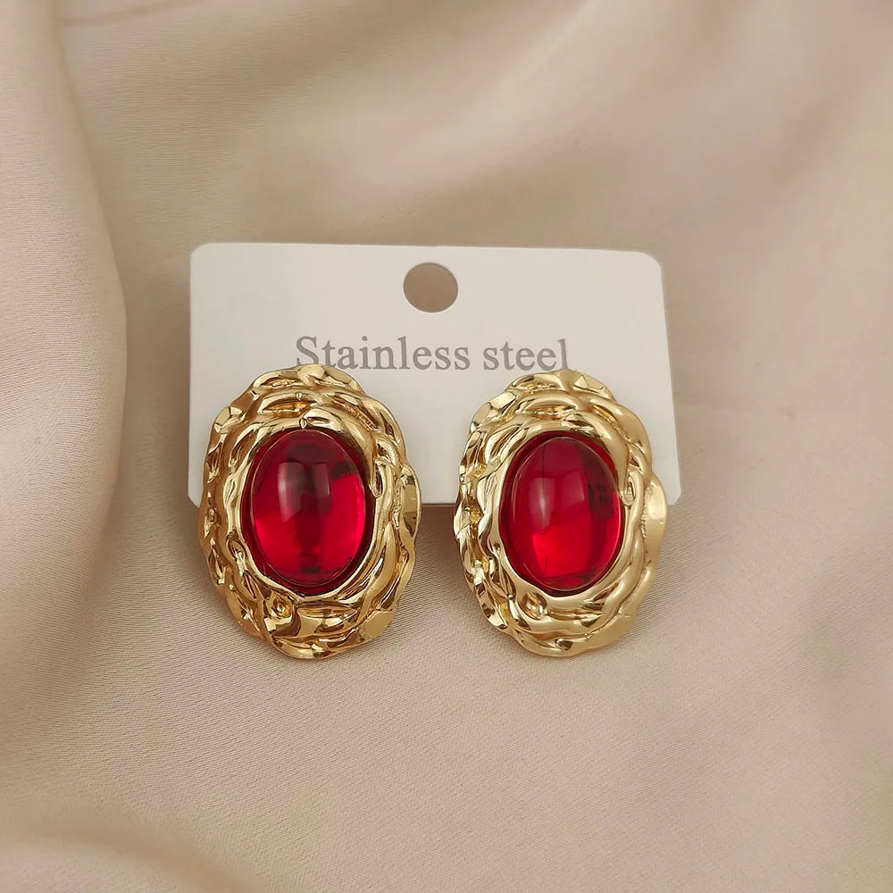 Charming oval blue big gem stone garland gold plated 18K women's earrings, high quality waterproof earrings, wife's gift