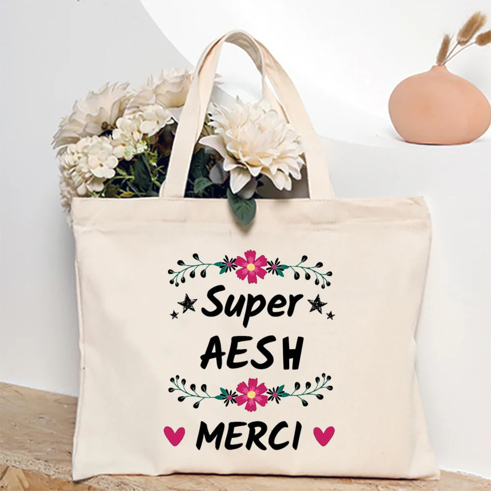Merci Aesh French Printed Women Tote Bag Canvas Shopping Bags Female Shoudler Bag  Travel Handbag Graduate Thanks Gift for Aesh