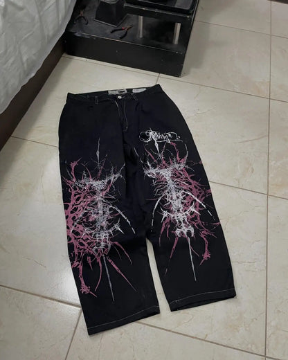 New Cyberpunk Jeans Mens American Y2K Red Graphic Street Goth Baggy Wide-Leg Pants Harajuku Hip-Hop Straight Pants