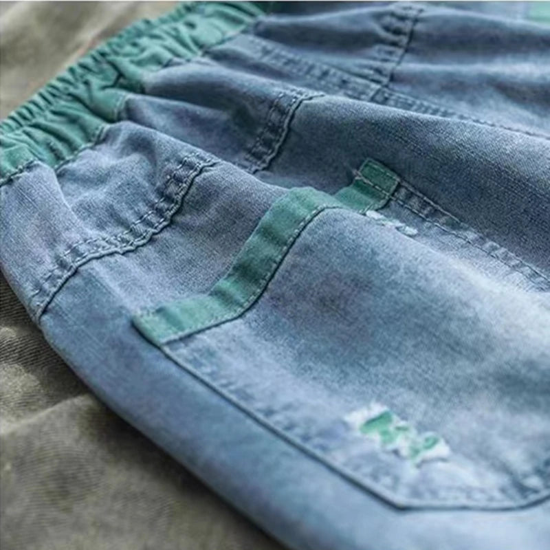 Ripped Splice Baggy Ankle-Length Harem Jeans Women Elastic High Waist Denim Pant Casual Vaqueros Blue Trousers Korean Pantalones