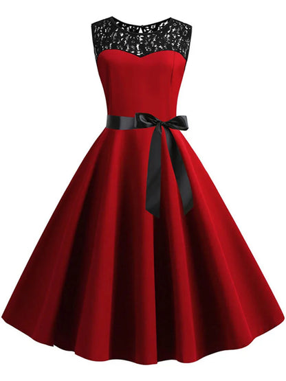 Lace Patchwork Floral Print Women Summer Dress Hepburn 50s 60s Elegant Vintage Dress Office Ladies A-Line Party Dresses Belt