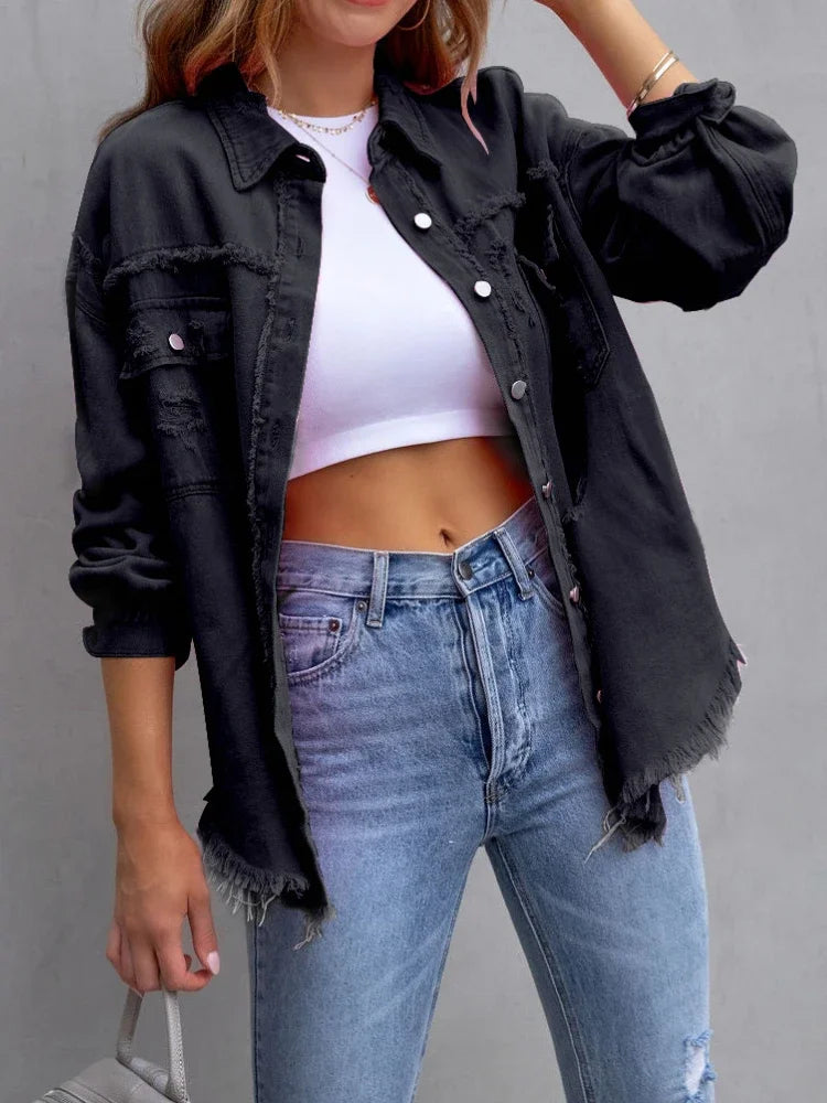 Spring Autumn Denim Women's Jacket Rough Selvedge Ripped Loose Fit Long Sleeve Korean Fashion Female Top